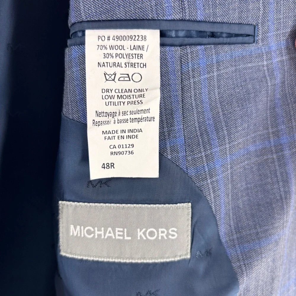 Michael Kors Suit Mens 48R 40W Blue Grey Plaid Wool Blend Natural Stretch